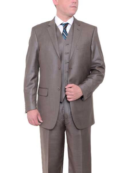  Men's 2 Button Taupe Brown Textured Classic Fit Side Vents Vested Suit