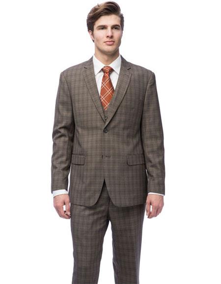  Caravelli Men's Single Breasted 2 Button Brown Windowpane Vested Slim Fit Suit  