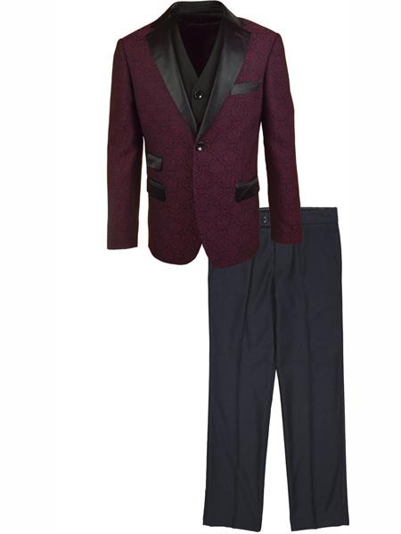  Fashion Designed 3 Piece Notch Lapel Burgundy Vested Tuxedo Suit