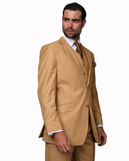 men's Camel 2 Button 3 Piece Wool Vested Suit Pleated Pants