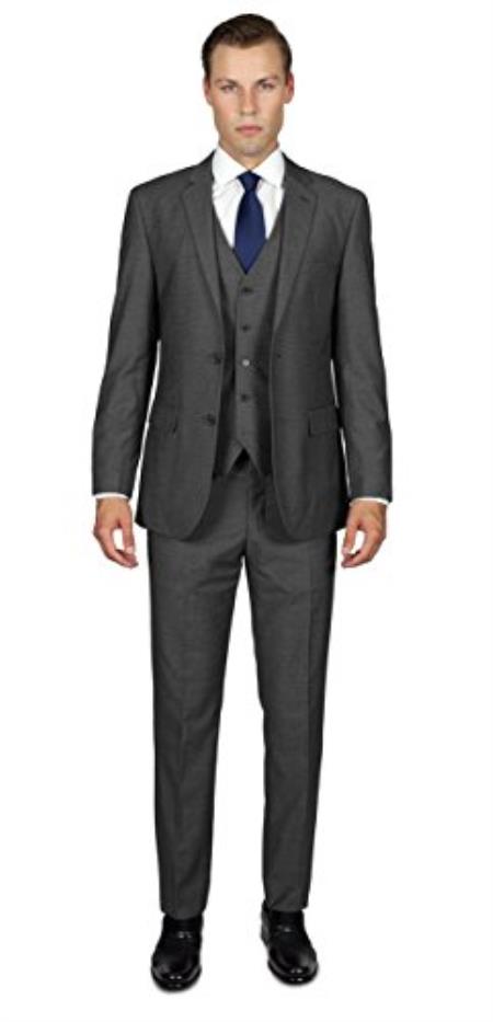 Men's 2 Button Charcoal Grey 3 Piece TR Blend Suit
