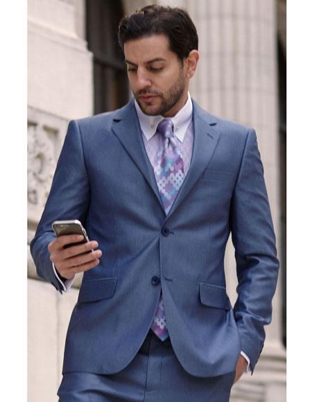  Men's French Blue 2 Button Single Breasted Notch Lapel Fashion Steven Land Suits