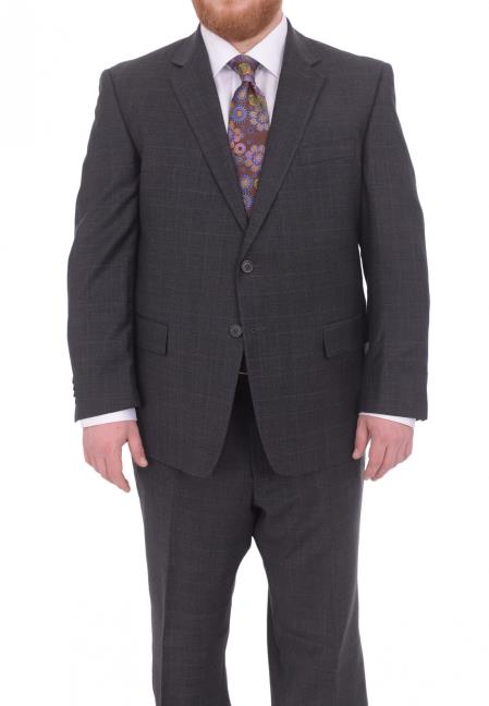  Men's Two Button Fully Lined Portly Fit Gray Plaid With Blue Overcheck Wool Suit