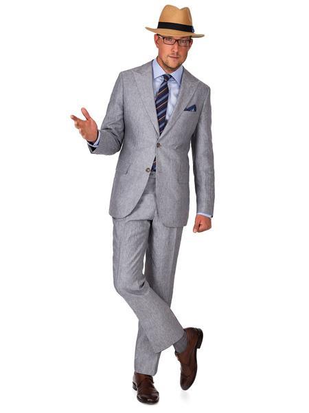 men's 2 Button Peak Lapel Grey Linen Suit