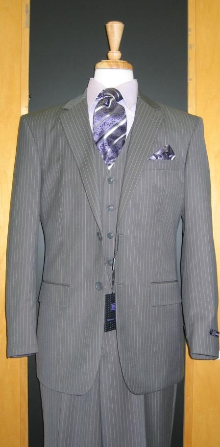 Two Button Three Piece Light Grey Pinstripe Flat Front three piece suit 
