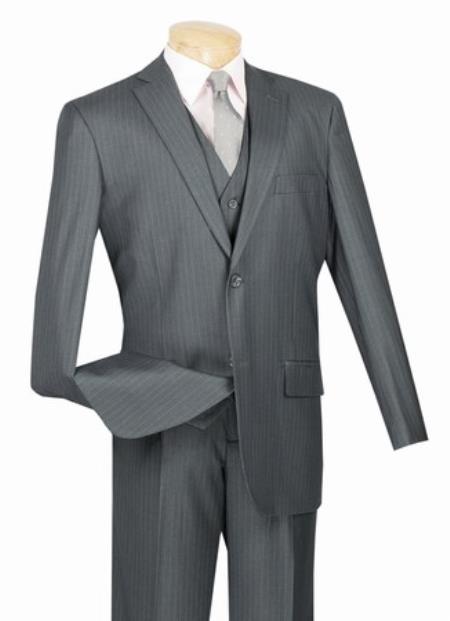 Men's 2 Button with Vest and Classic Pinstripe Grey Suit