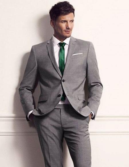  men's grey Suit for Men green tie package deal 2 button notch lapel side vented  Slim Fit or Regular Fit Cut