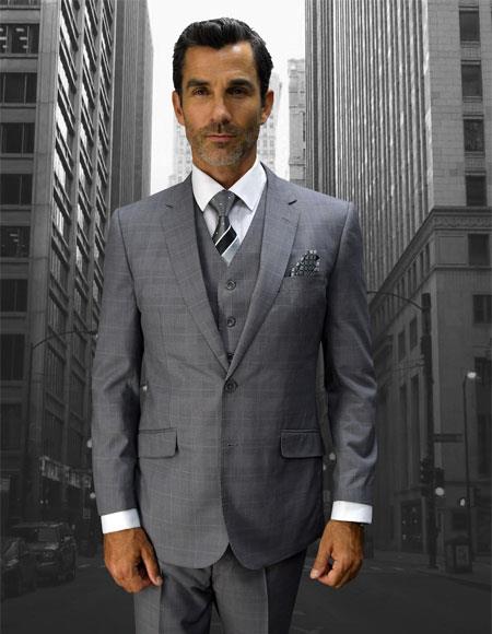  Men's Statement Plaid 2 Button Grey Double Breasted Vest Suit 