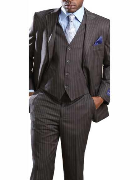  Men's 2 Button Grey Banker Pinstripe ~ Stripe Notch Lapel 3 Piece Vested Suit