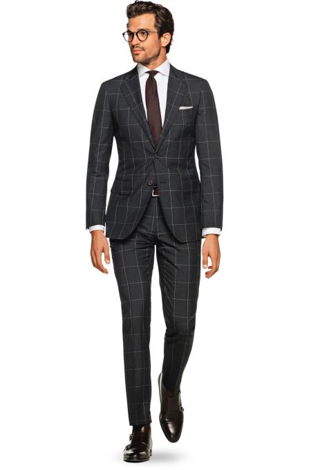  Men's Grey 2 Button Windowpane Check Pattern Slim Fit Pure Wool Suit