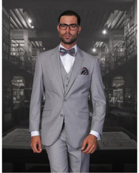  Men's 2 Button Statement Solid Grey Modern Fit suits 3 Piece Wool Suit