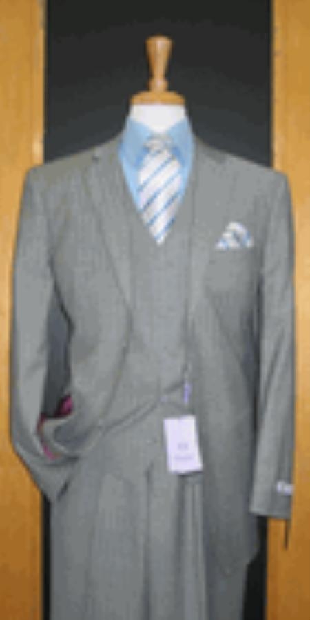 Two Button Three Piece Grey Pinstripe and Flat Front three piece suit 