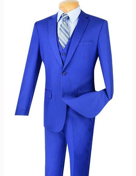  Men's 2 Button 3 Piece Indigo Blue Notch Lapel Slim Fit Single Breasted Vested Suit