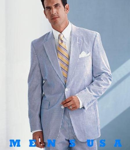 Sear Sucker Suit Seersucker Suit Causal White & Light Blue ~ Sky Blue Pinstripe Summer Cheap priced men's Searsucker Fabric Summer Suit ( Jacket and Pants) For Men 2 Button Style Cotton Summer Suits for Online Cool