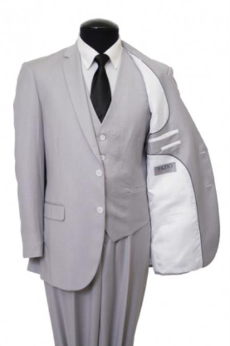 Two Button Three Piece Vested Suit Pinstripe Slim narrow Style Fitted Light Grey Silver Mini Stripe ~ Pinstripe ( ASH Gray ) 