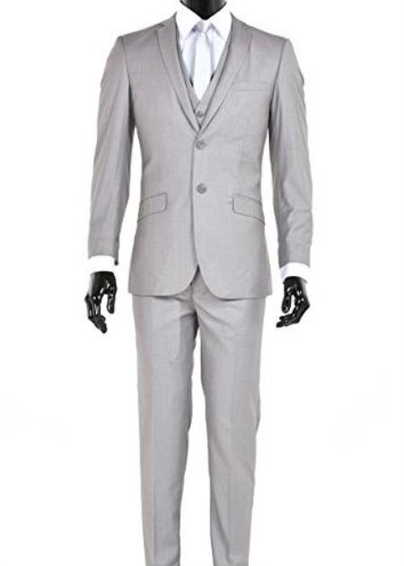  Men's Slim Fit Single Breasted 2 Button Vested Light Gray Suit