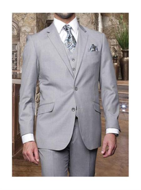 Men's Statement 3 Piece 2 Button Italian Designer Light Grey Suit Wool