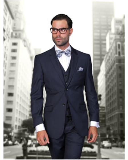  Men's Statement 2 Button Navy Blue Modern Fit suits Wool Suit