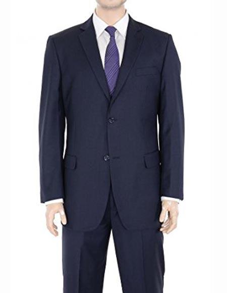 Men's 2 Button Authentic Regular Fit Notch Lapel Solid Navy Blue Suit With Flat Front Pants