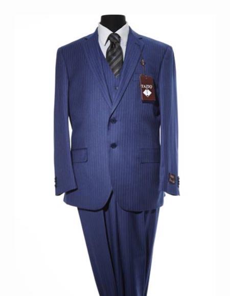  Men's 2 Button Pinstripe Design Notch Lapel Navy Blue Suit With Matching Vest