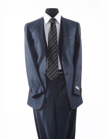 Men's 2 Button Tazio Brand Suit Navy Blue Textured Pattern S