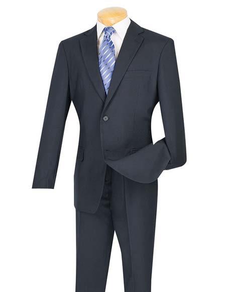  Men's 2 Button Cheap Navy Blue Notch Lapel Slim Fit Suit With Flat Front Pant