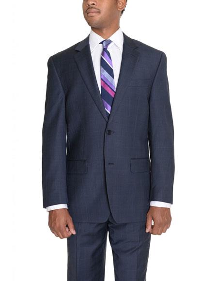  men's Navy Blue Glen Plaid 2 Button Wool Notch Lapel Classic Fit Suit Flat Front Pants