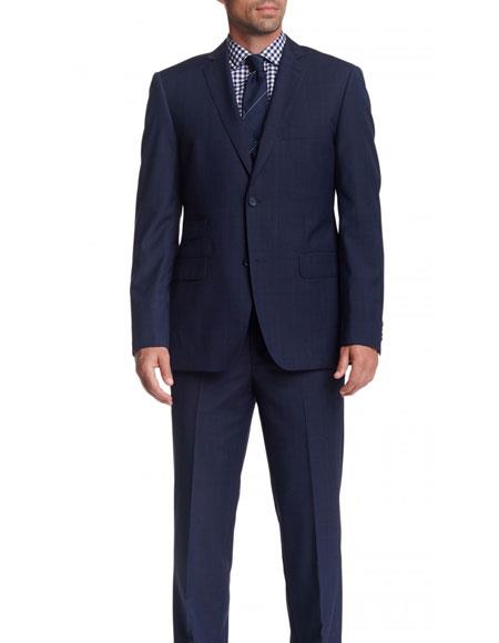 men's 2 Button Single Breasted Wool Modern Fit suits Navy Blue Plaid Suit