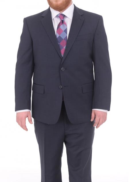  Men's Textured Portly Fit Navy Blue 2 Button Notch Lapel Super 130's Wool Suit
