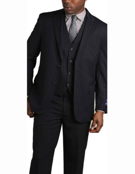  Men's 2 Button Navy Vested Banker Pinstripe ~ Stripe Notch Lapel 3 Piece Suit 