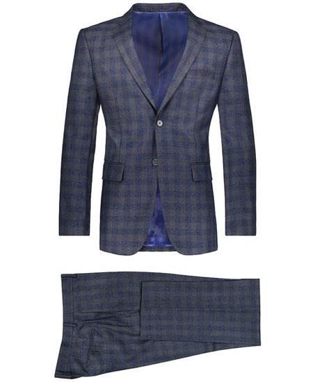  men's Slim Fit 2 Button Suit Window Pane ~ Plaid Suit ~ Blazer & Pants Navy