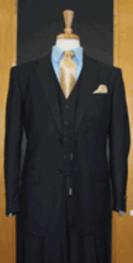 Two Button Three Piece Navy Flat Front three piece suit 
