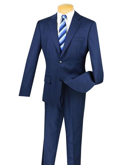  Fortini 100% Wool 2 Button Window Pane ~ Plaid Slim Fit Navy Suit Side Vented