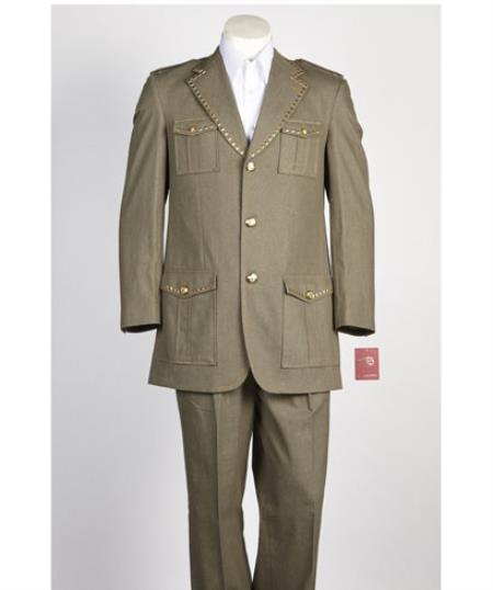  Men's 3 Button Olive Safari Military Style Suit