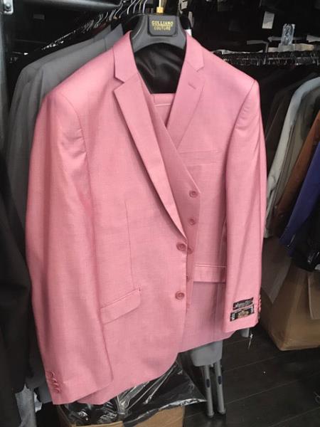  Men's 2 Button Single Breasted Flap Front pockets Vested Light Pink Suit 