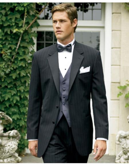 Men's 2 button Black Stripe ~ Pinstripe Tuxedo Suit Sateen lapel Wool