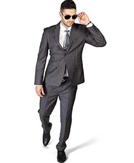  Men's 2 Button Grey Cotton Slim Fit Pinstripe Notch Lapel Flat Front Pants Suit