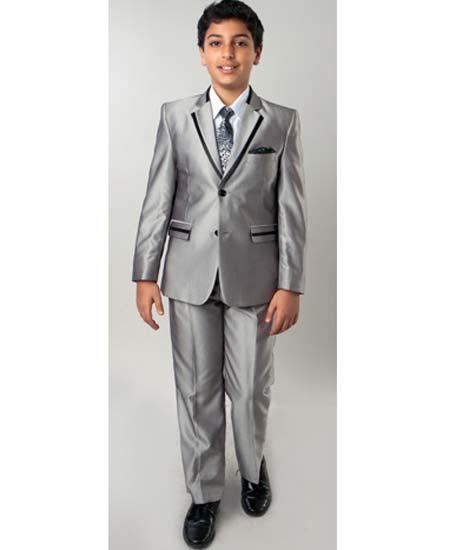  Boys Suits Mens Two Toned Trimmed Notch Lapel Black and Silver Suit Tuxedo Sharkskin Looking