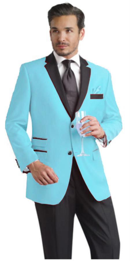 Light Blue ~ Sky Blue Two Button Notch Party Suit & Tuxedo & Blazer Online Sale w/ Liquid Jet Black Lapel 7 days delivery