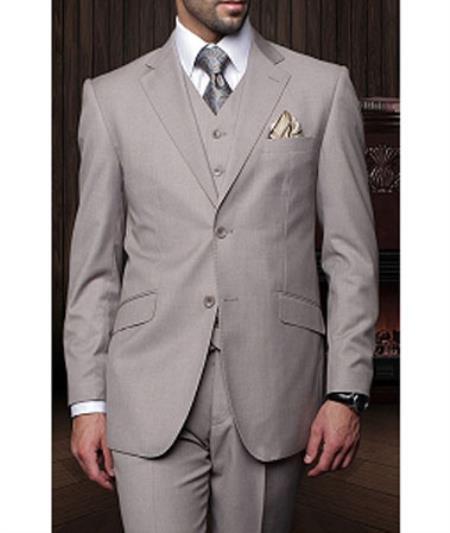 Men's Statement Tan 2 Button 3 Piece Italian Designer Suit Wool