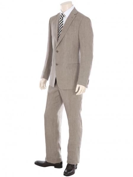  Dark Tan ~ Taupe 2 Button 100% Linen Fabric Suit Flat Front Pants 