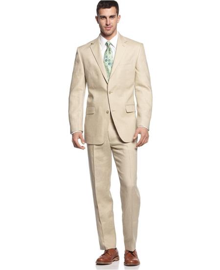 Two Button Pure Men's 2 Piece Linen Causal Outfits Suit Solid Tan khaki Color ~ Beige / Beach Wedding Attire For Groom