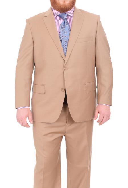  men's Super 140's Wool Notch Lapel Two Button Portly Solid Tan Suit