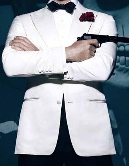 Men's 1 Button James Bond Wide Peak Lapel White Tuxedo 