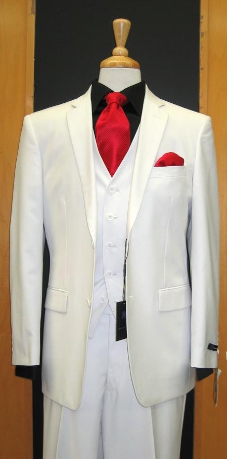Two Button Three Piece Tapered Cut Flat Front White three piece suit 