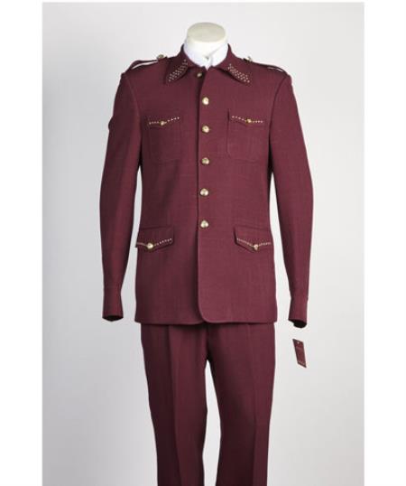  Men's 5 Button 2 Piece Wine Safari Military Style Suit 