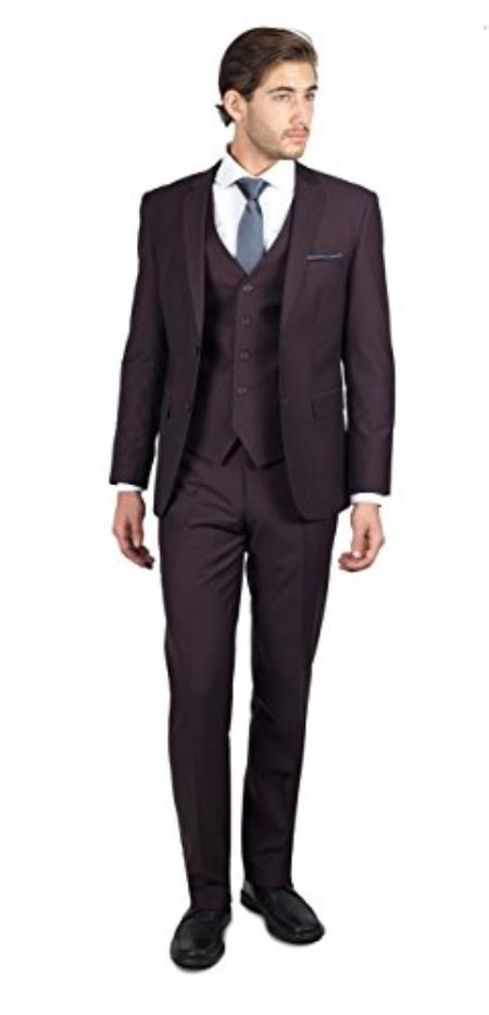  Men's 2 Button Wine Shark Skin 3 Piece TR Blend Suit
