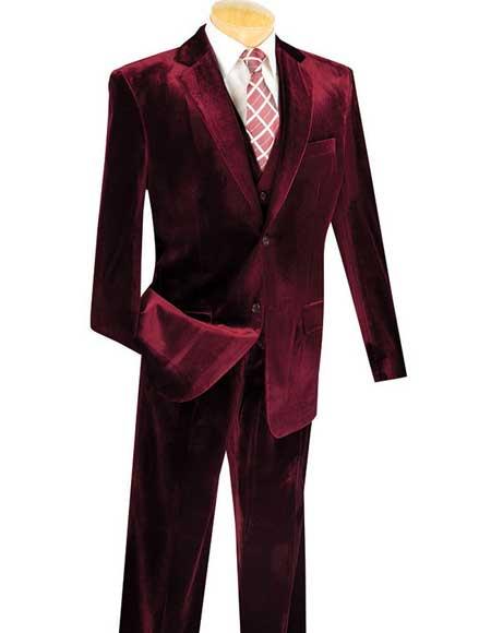  Men's 2 Button 3 Piece Single Breasted Wine Velvet Vested Suits