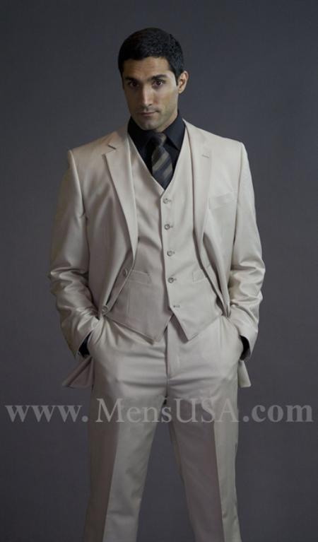 2 Button Style 3 Piece Beige Color Flat Front affordable suit Online Sale 