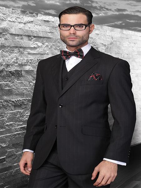 Style# Classic 3 Piece 2 Button Style Liquid Jet Black Tone On Tone Stripe ~ Pinstripe Athletic Cut Suits Classic Fit Superior Fabric 150's Extra Fine Italian Fabric 